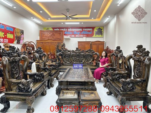 Bộ Nghê Bảo Đỉnh gỗ mun hoa Lào cột 14 bộ 10 món