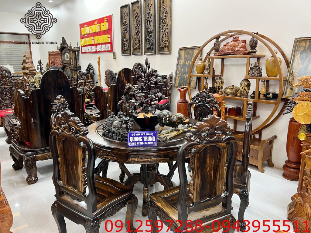 bàn ăn tròn gỗ mun hoa Lào ghế hồng hạc