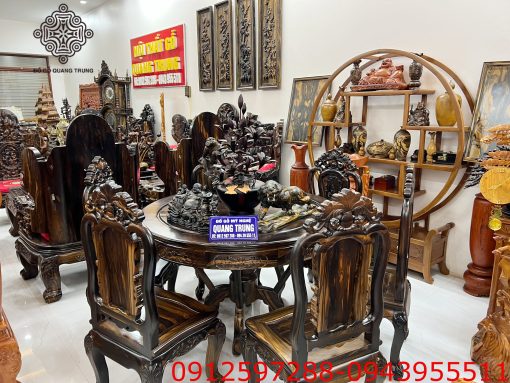 bàn ăn tròn gỗ mun hoa Lào ghế hồng hạc