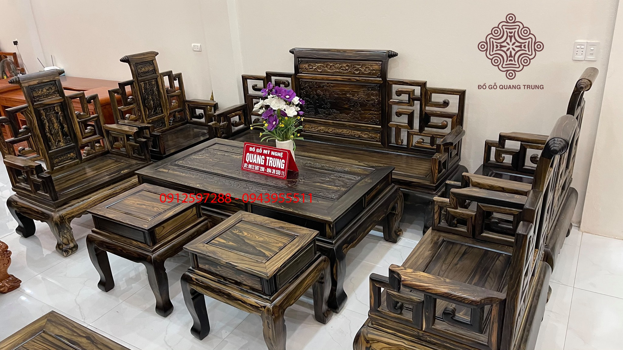 Bộ Sơn Thủy gỗ mun Lào đoản dài 2m3, chân 14