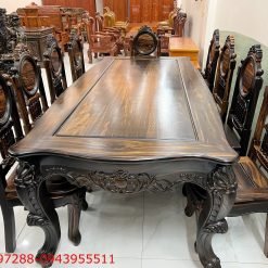 Bộ bàn ăn Louis dáng Pháp gỗ mun hoa Lào 10 ghế