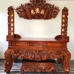 Bộ sập thờ Phúc Mai chân 22cm dài 2m17 rộng 1m07 và cuốn thư câu đối