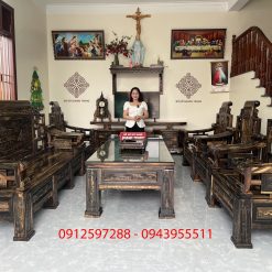 Bộ bàn ghế Tứ Trụ gỗ mun hoa Lào chân 14, bộ 10 món