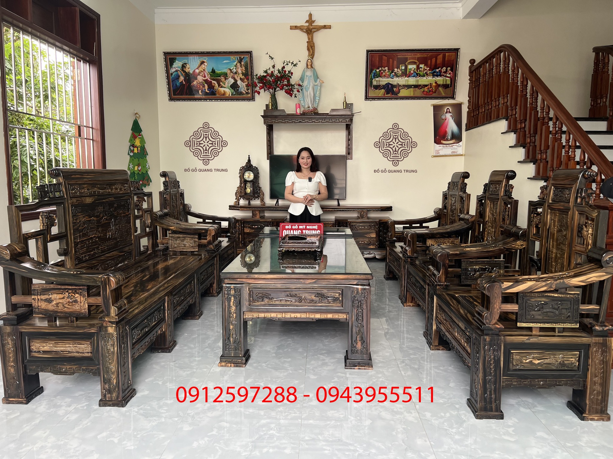Bộ bàn ghế Tứ Trụ gỗ mun hoa Lào chân 14, bộ 10 món