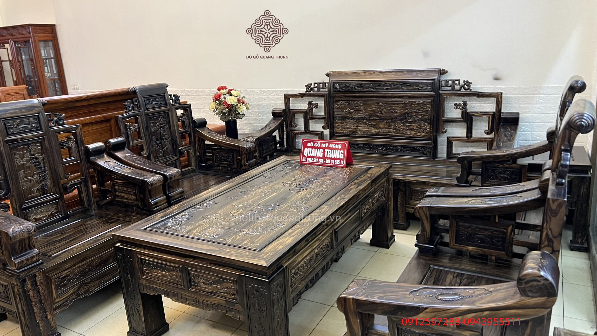 Bộ bàn ghế Tứ Trụ gỗ mun hoa Lào chân 14, bộ 10 món