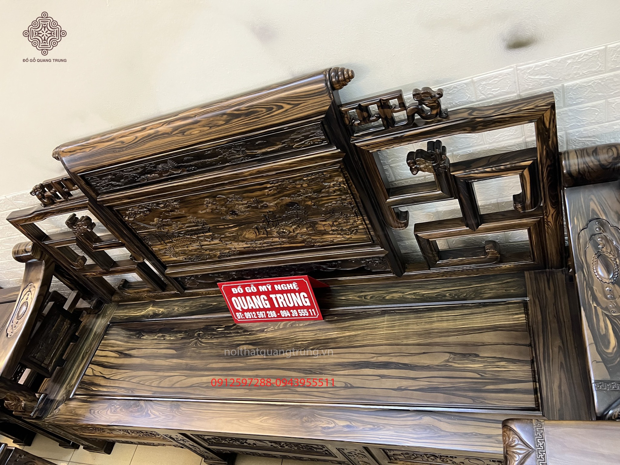 Bộ bàn ghế Tứ Trụ gỗ mun hoa Lào chân 14, bộ 10 món