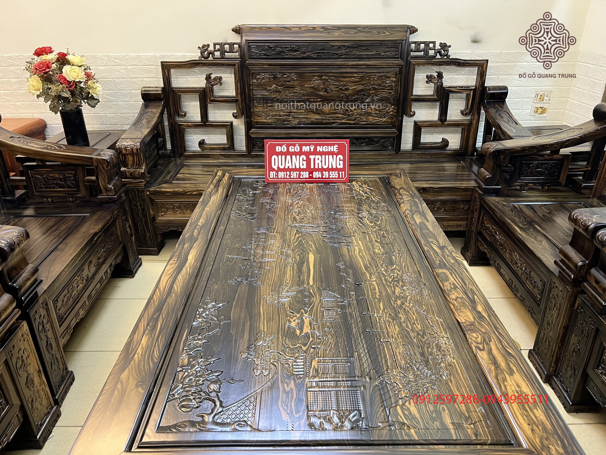 Bộ bàn ghế Tứ Trụ gỗ mun hoa Lào chân 14, bộ 10 món