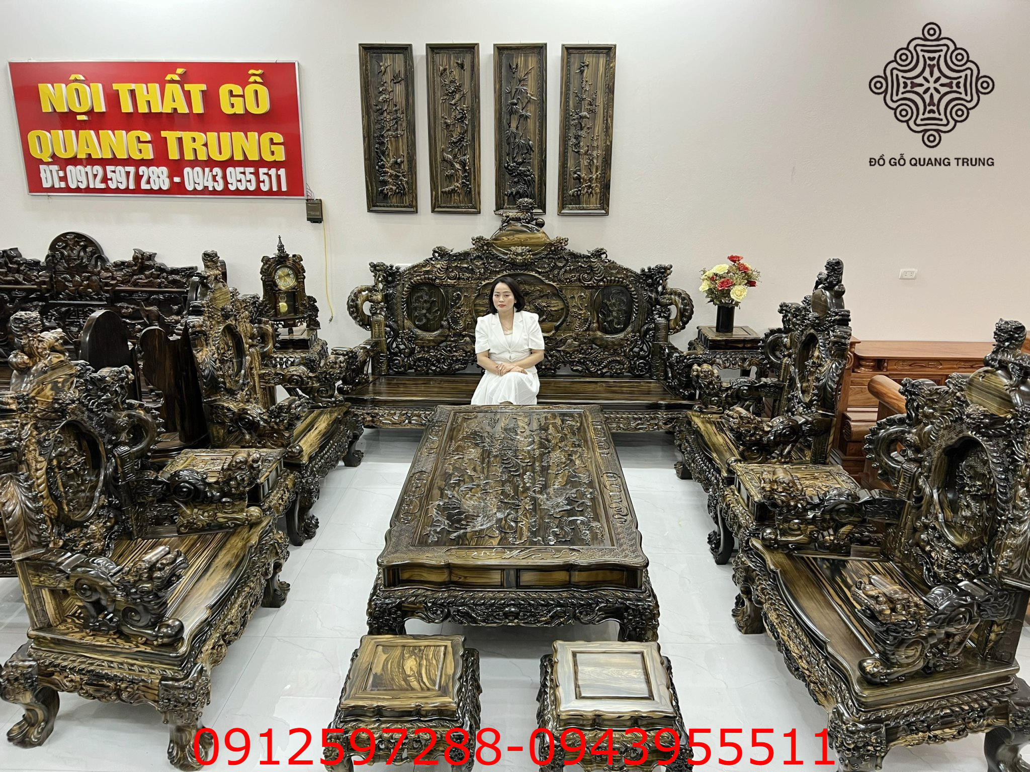 Siêu phẩm Rồng Đỉnh gỗ mun hoa Lào bộ 12 món