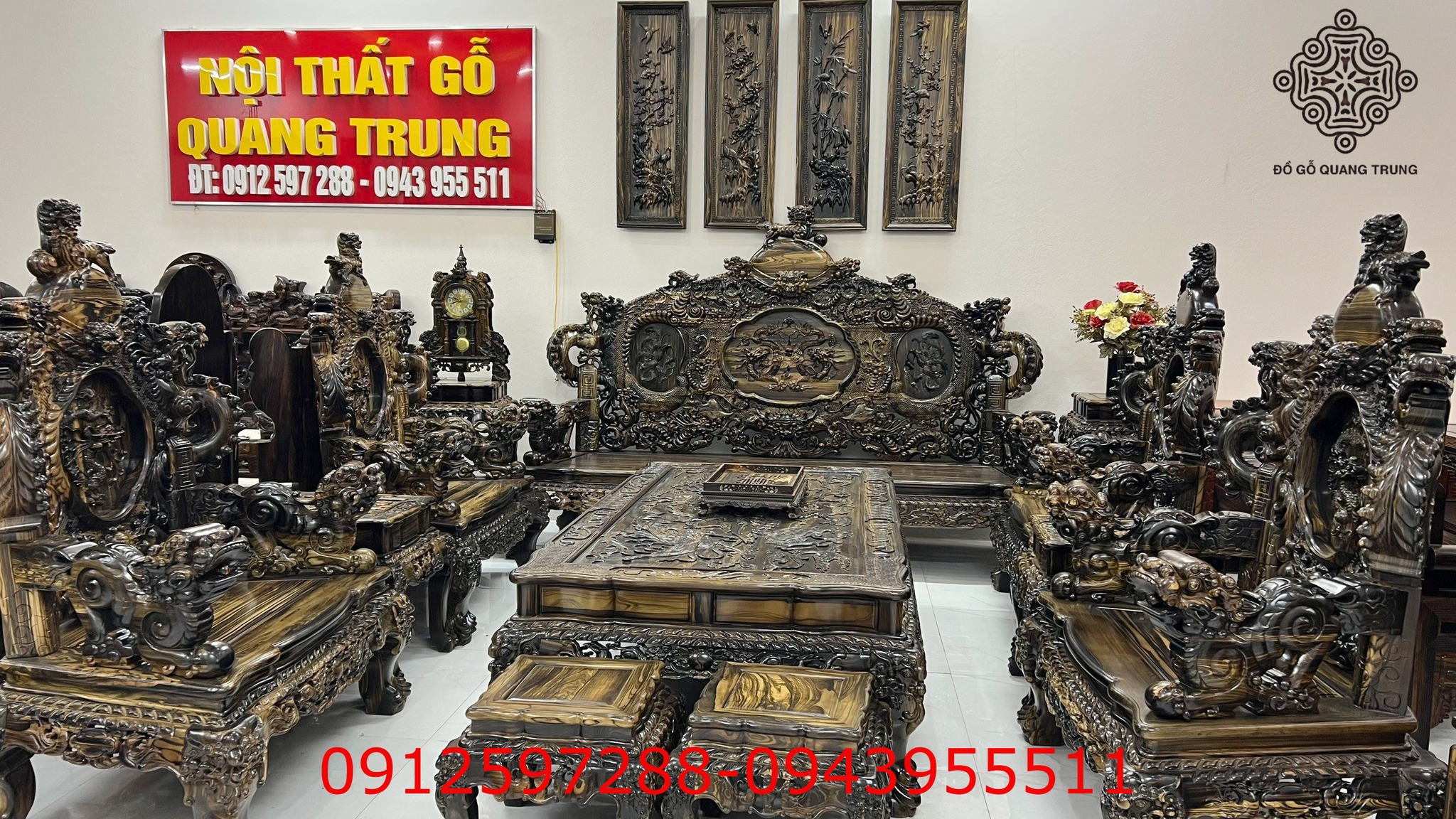 Siêu phẩm Rồng Đỉnh gỗ mun hoa Lào bộ 12 món