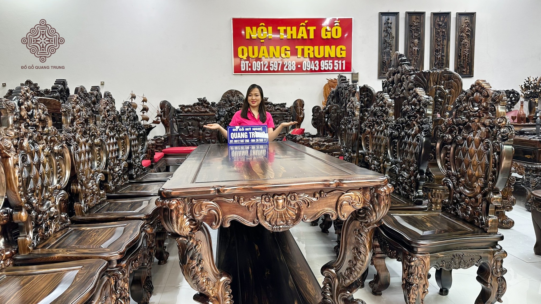 Siêu Phẩm Bàn Ăn Luis Hoàng Gia Gỗ Mun Hoa Lào 10 Ghế