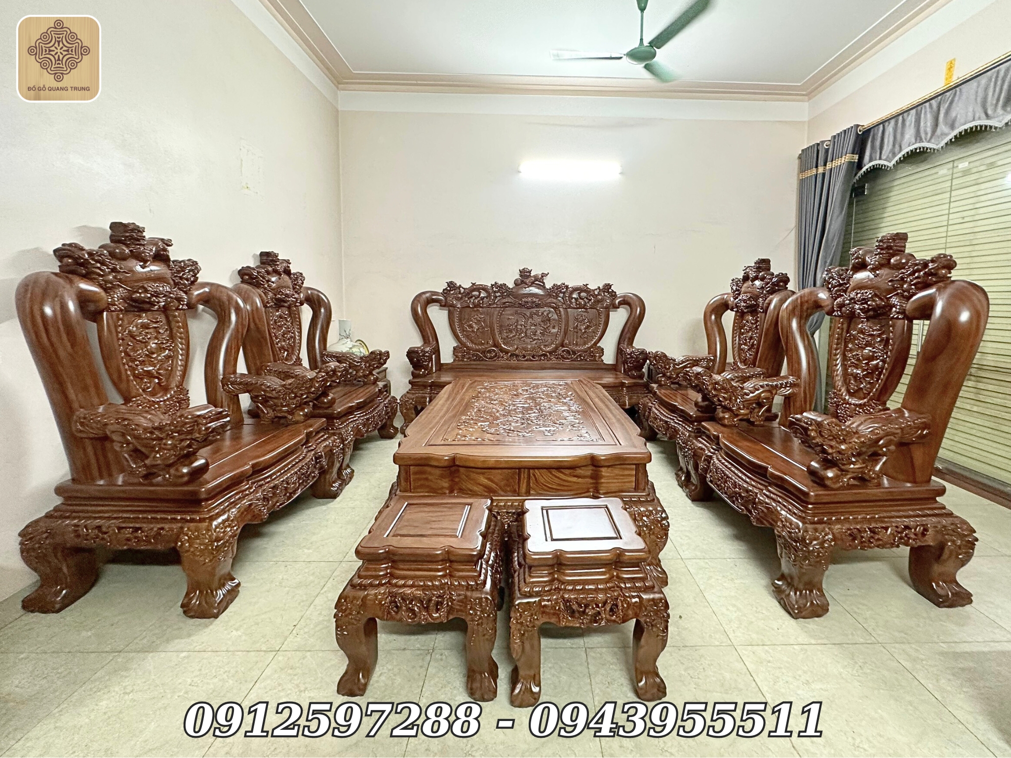 Bộ Nghê Bảo Đỉnh Gỗ Gõ Đỏ Cột 18 Bộ 10 Món