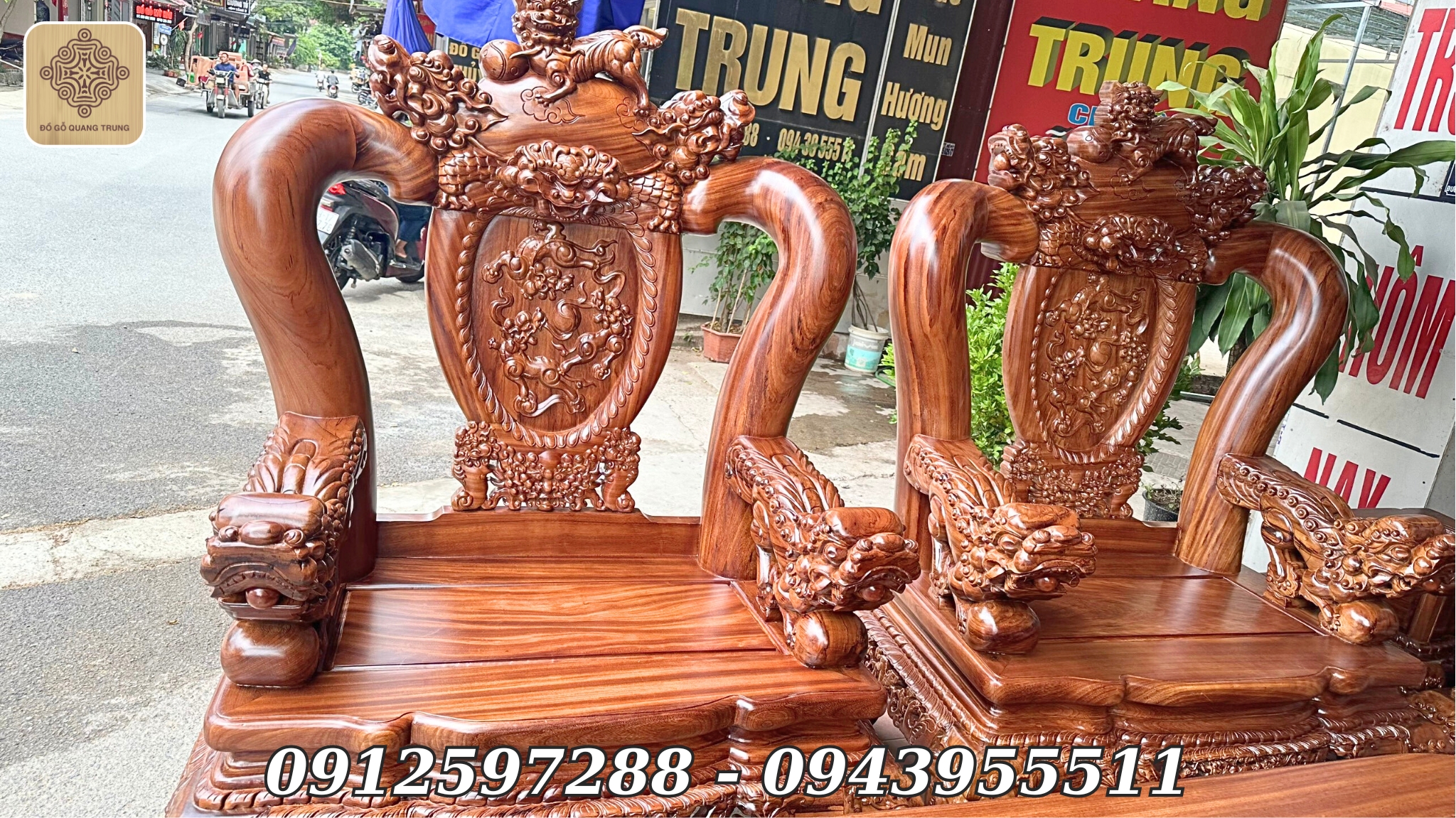 Bộ Nghê Bảo Đỉnh Gỗ Gõ Đỏ Cột 18 Bộ 10 Món
