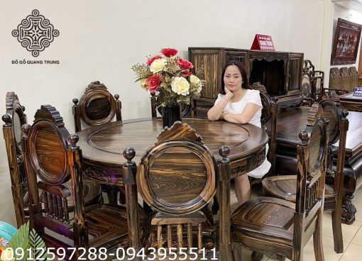 Bộ Bàn Ăn Tròn Dáng Pháp Gỗ Mun Hoa Lào 8 Ghế