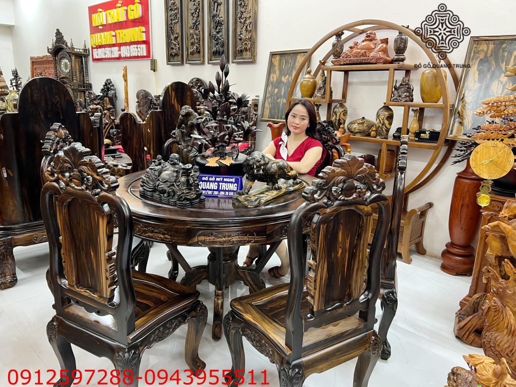 bàn ăn tròn gỗ mun hoa Lào ghế hồng hạc