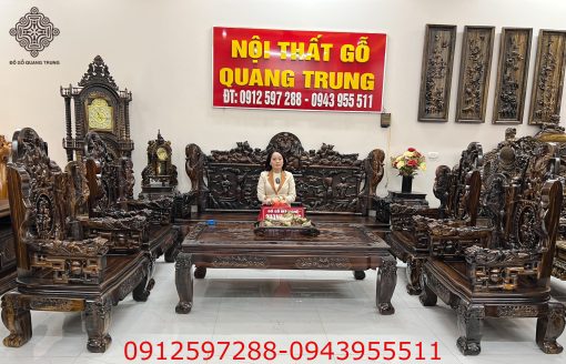 Bộ bàn ghế Tam Đa Phúc Lộc Thọ gỗ mun ta Quảng Bình đoản dài 2m6