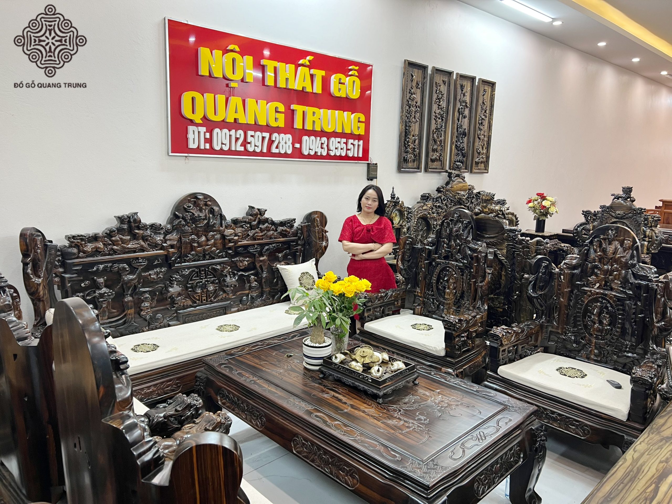 Bộ Bàn Ghế Tam Đa Phúc Lộc Thọ Gỗ Mun Ta Quảng Bình Đoản Dài 2m3