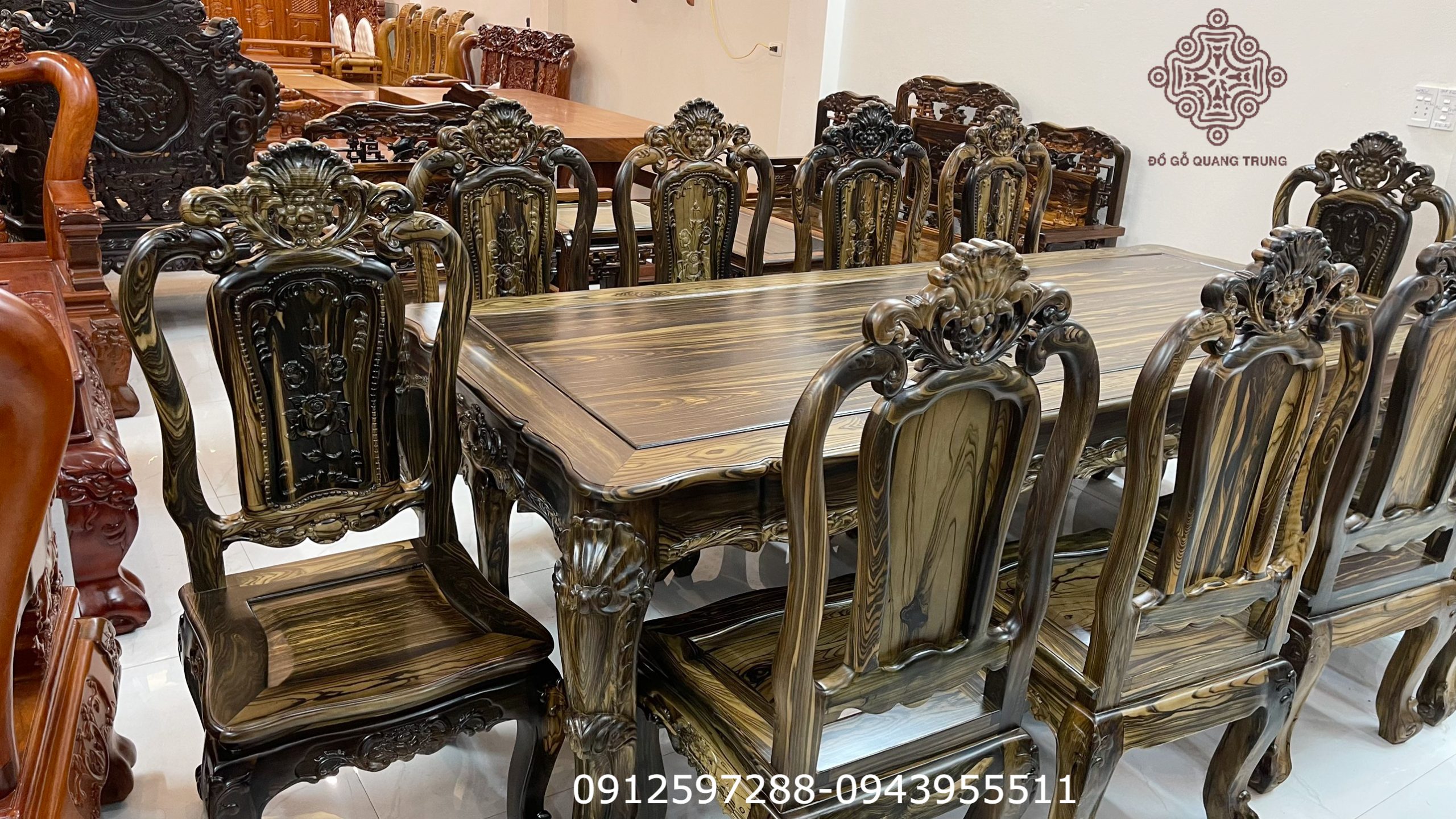 Bộ bàn ăn Hồng Hạc hoa lá tây gỗ mun hoa Lào, 10 ghế