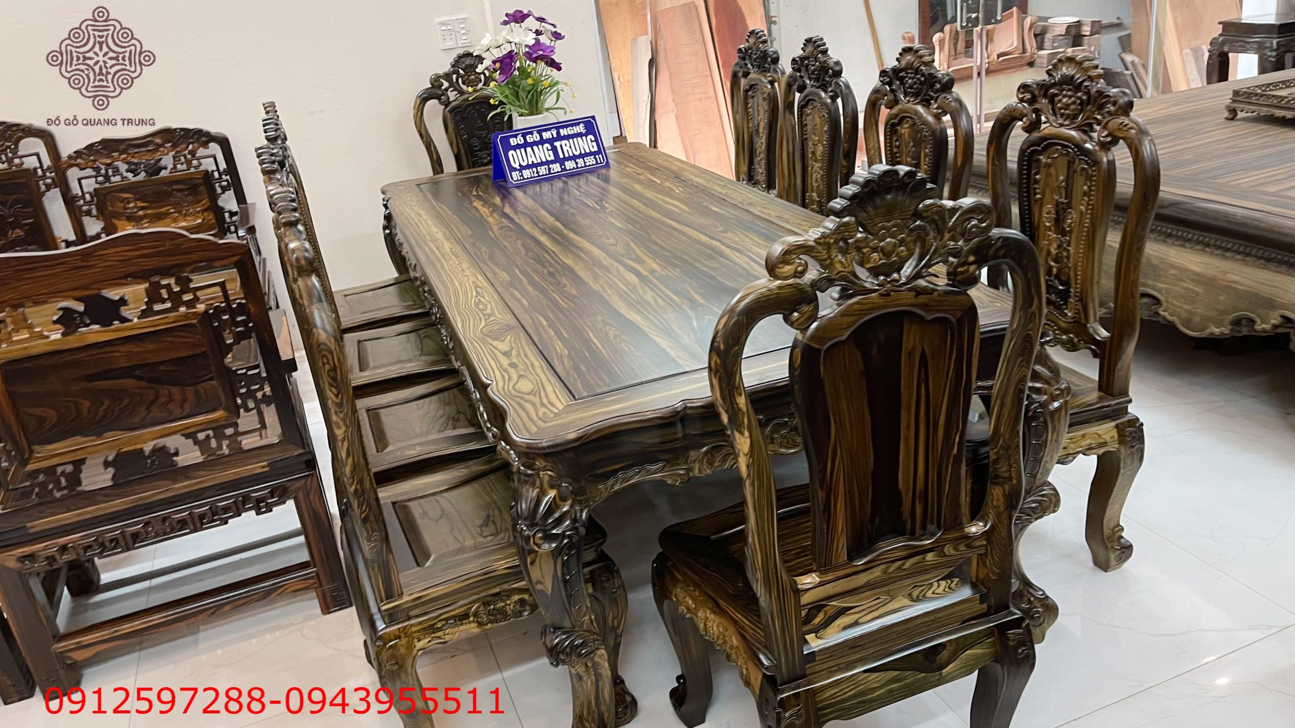 Bộ bàn ăn Hồng Hạc hoa lá tây gỗ mun hoa Lào, 10 ghế