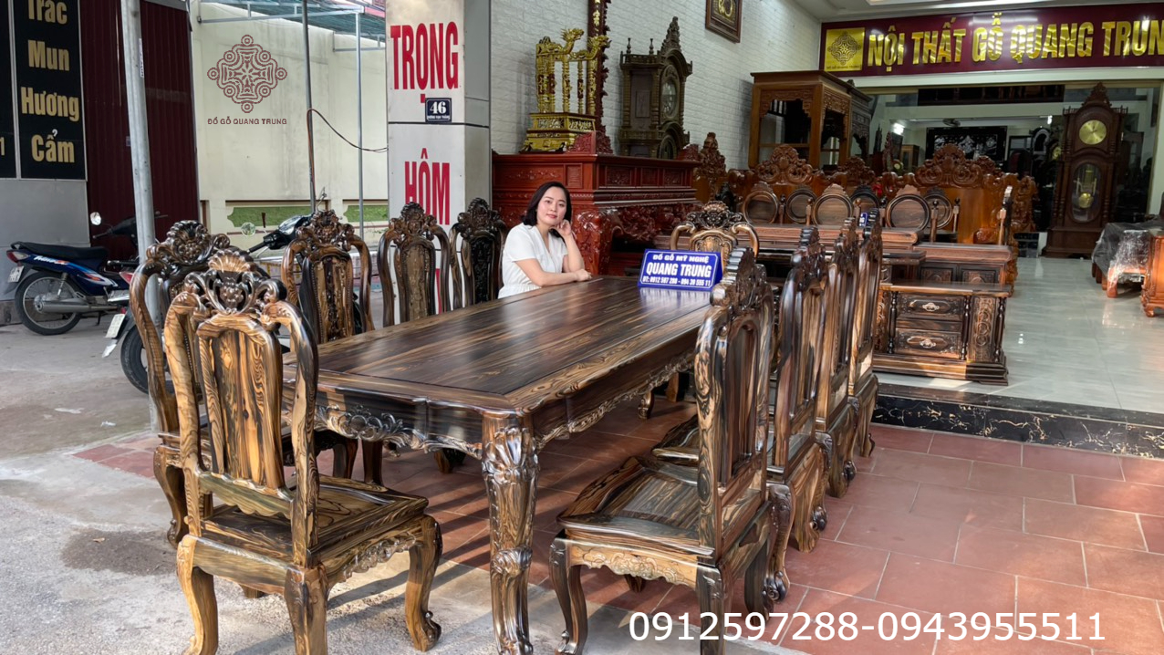 Bộ bàn ăn Hồng Hạc hoa lá tây gỗ mun hoa Lào, 10 ghế