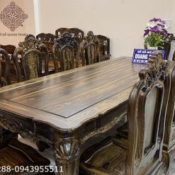 Bộ bàn ăn Hồng Hạc hoa lá tây gỗ mun hoa Lào, 10 ghế