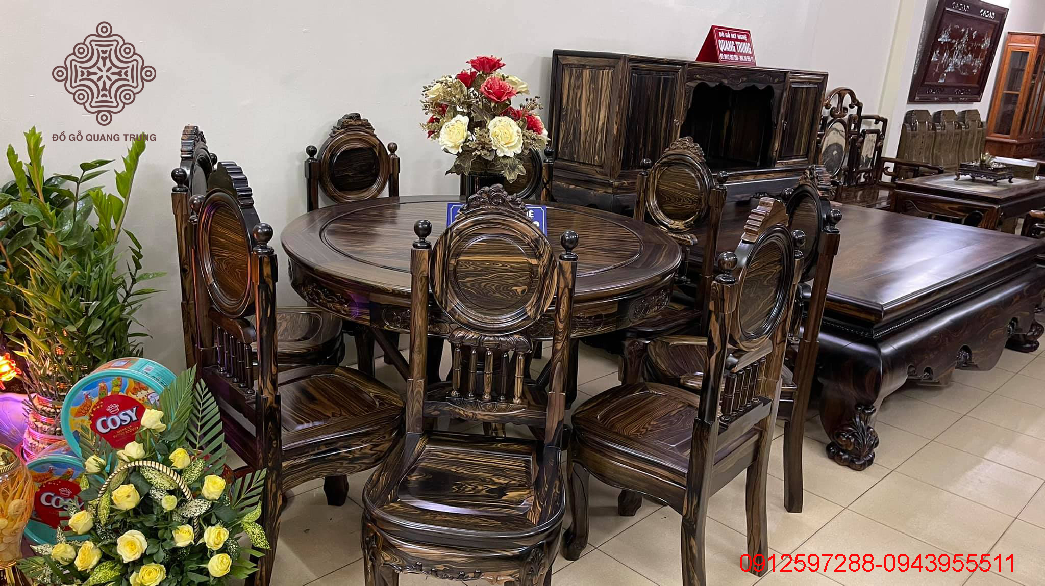 Bộ Bàn Ăn Tròn Dáng Pháp Gỗ Mun Hoa Lào 8 Ghế