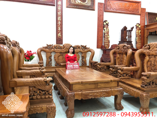 Bộ bàn ghế Công Phượng gỗ gõ đỏ đoản 2m2, cột 14, bộ 10 món