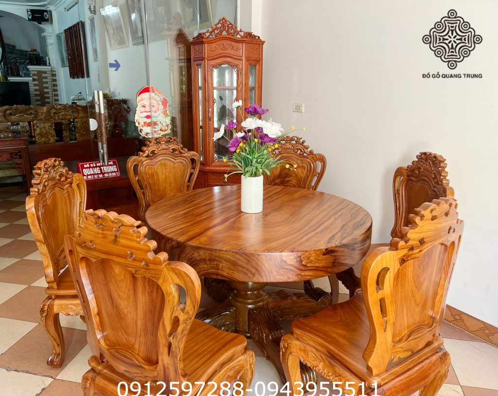 Bộ bàn ăn Luis gỗ gõ đỏ bàn nguyên khối