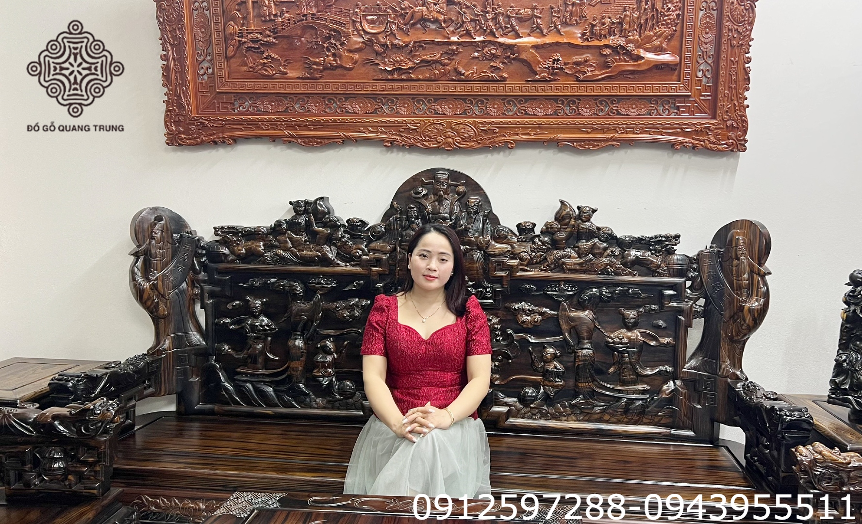 Bộ Bàn Ghế Tam Đa Phúc Lộc Thọ Gỗ Mun Ta Quảng Bình Đoản Dài 2m3