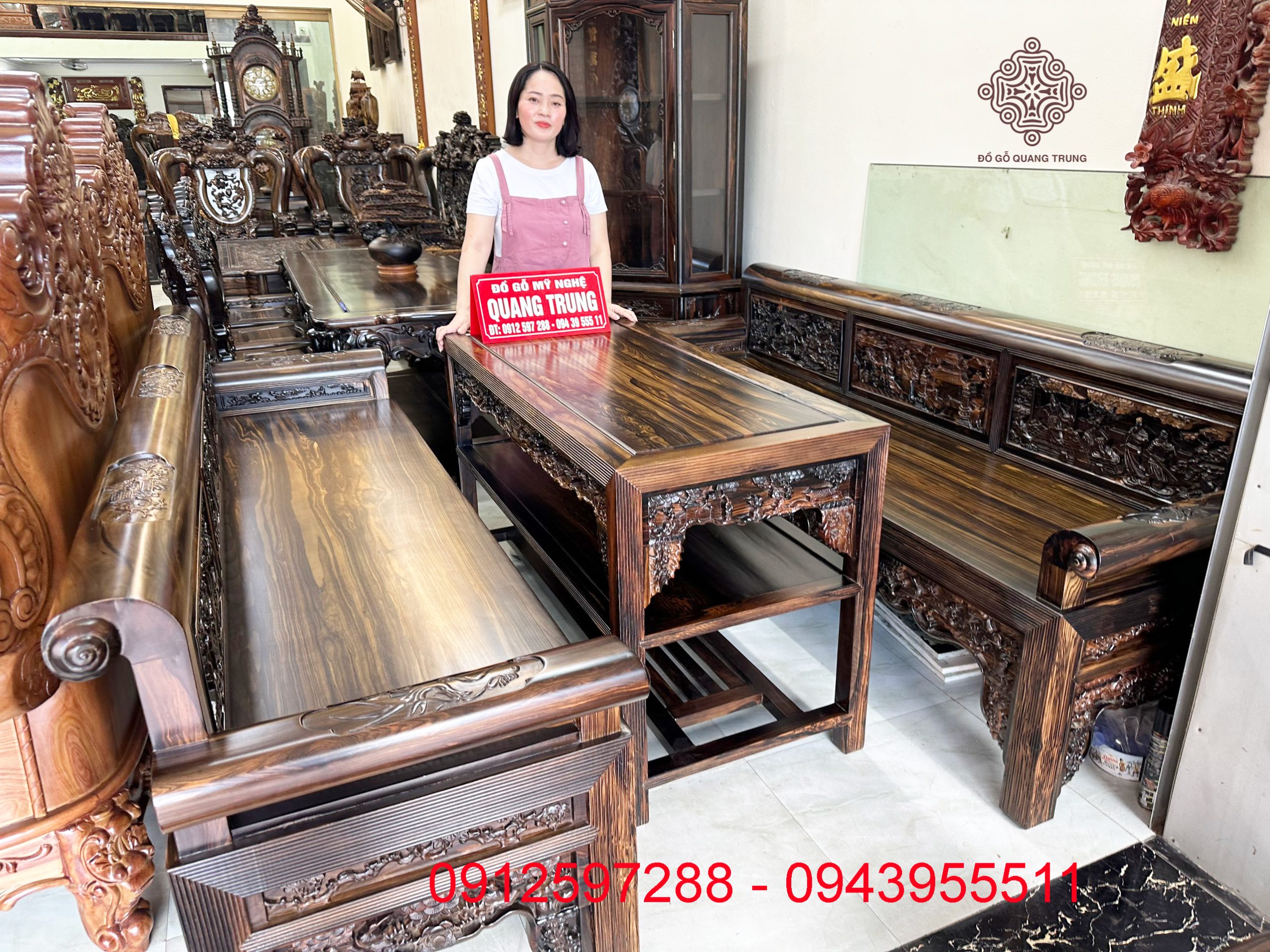 Bộ bàn ghế Trường Kỷ gỗ mun ta trường dài 2m7, chân 11