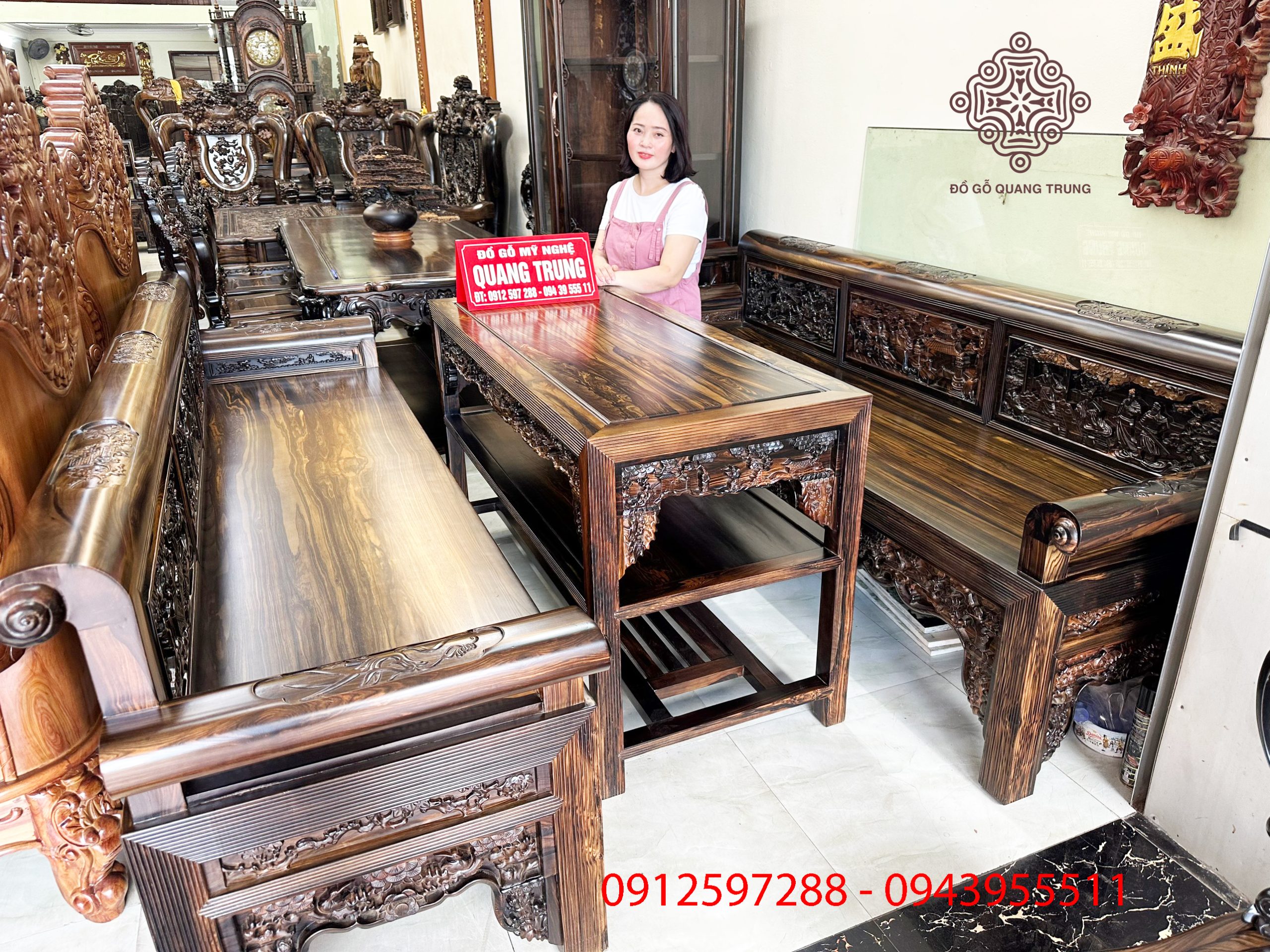 Bộ bàn ghế Trường Kỷ gỗ mun ta trường dài 2m7, chân 11