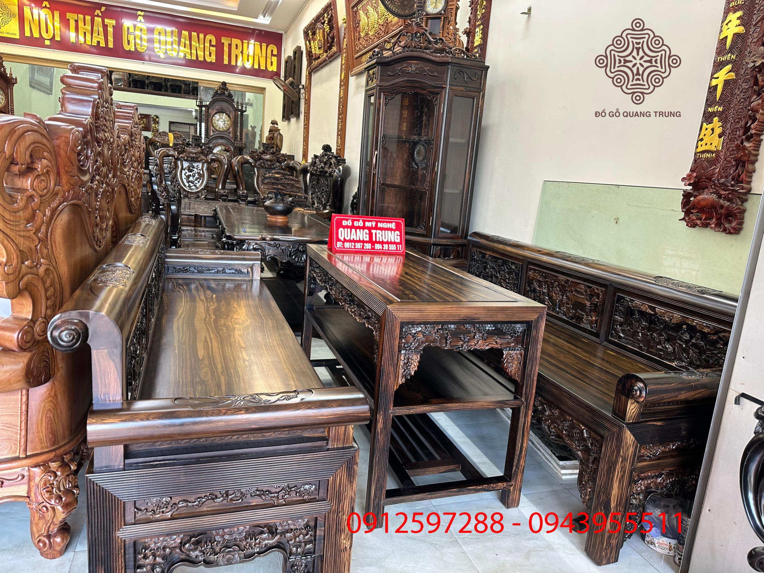 Bộ bàn ghế Trường Kỷ gỗ mun ta trường dài 2m7, chân 11