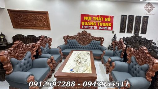 Bộ Louis Hoàng Gia Tân Cổ Điển Bọc Đệm Da Gỗ Gõ Đỏ 10 Món