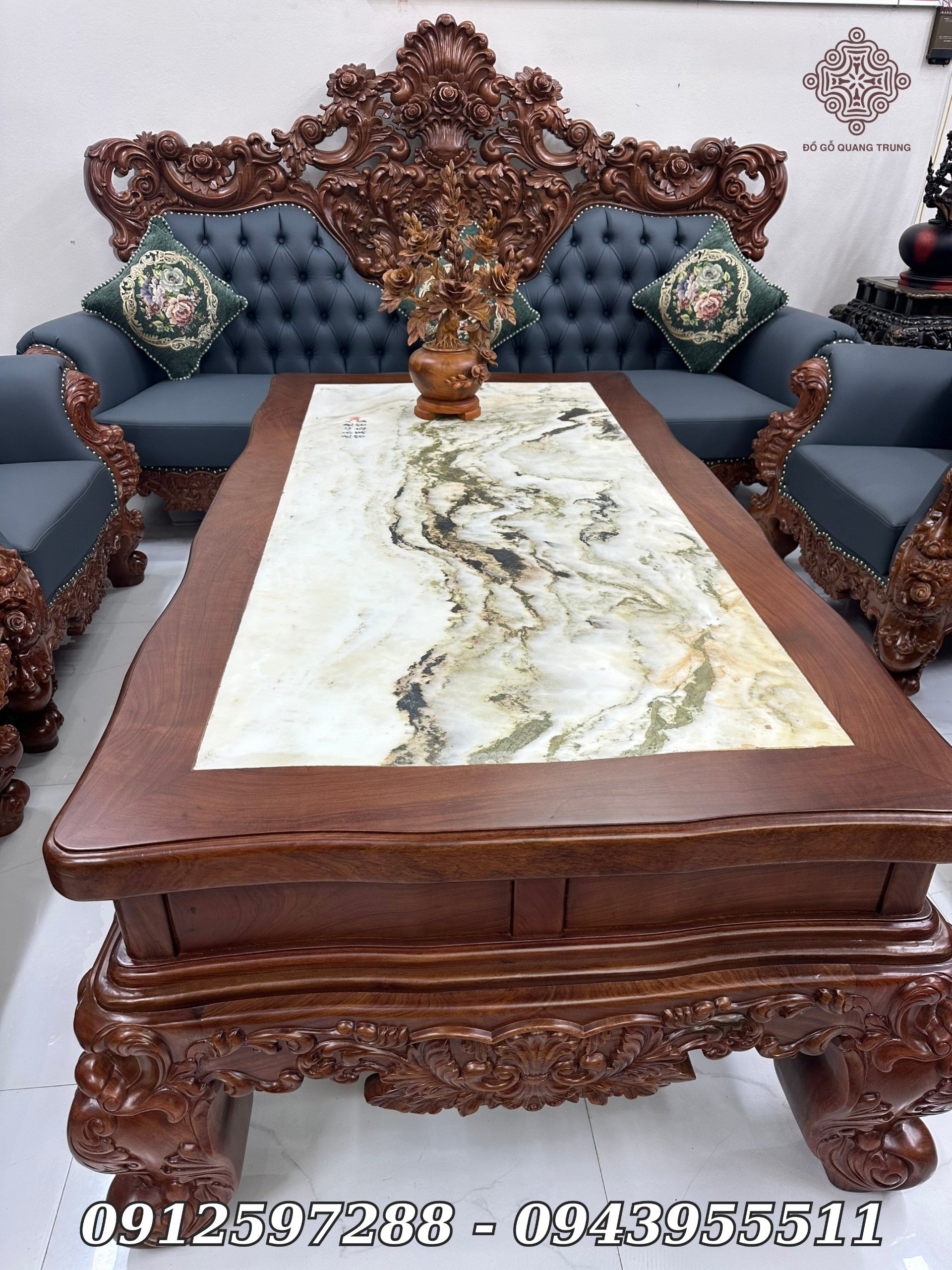 Bộ Louis Hoàng Gia Tân Cổ Điển Bọc Đệm Da Gỗ Gõ Đỏ 10 Món