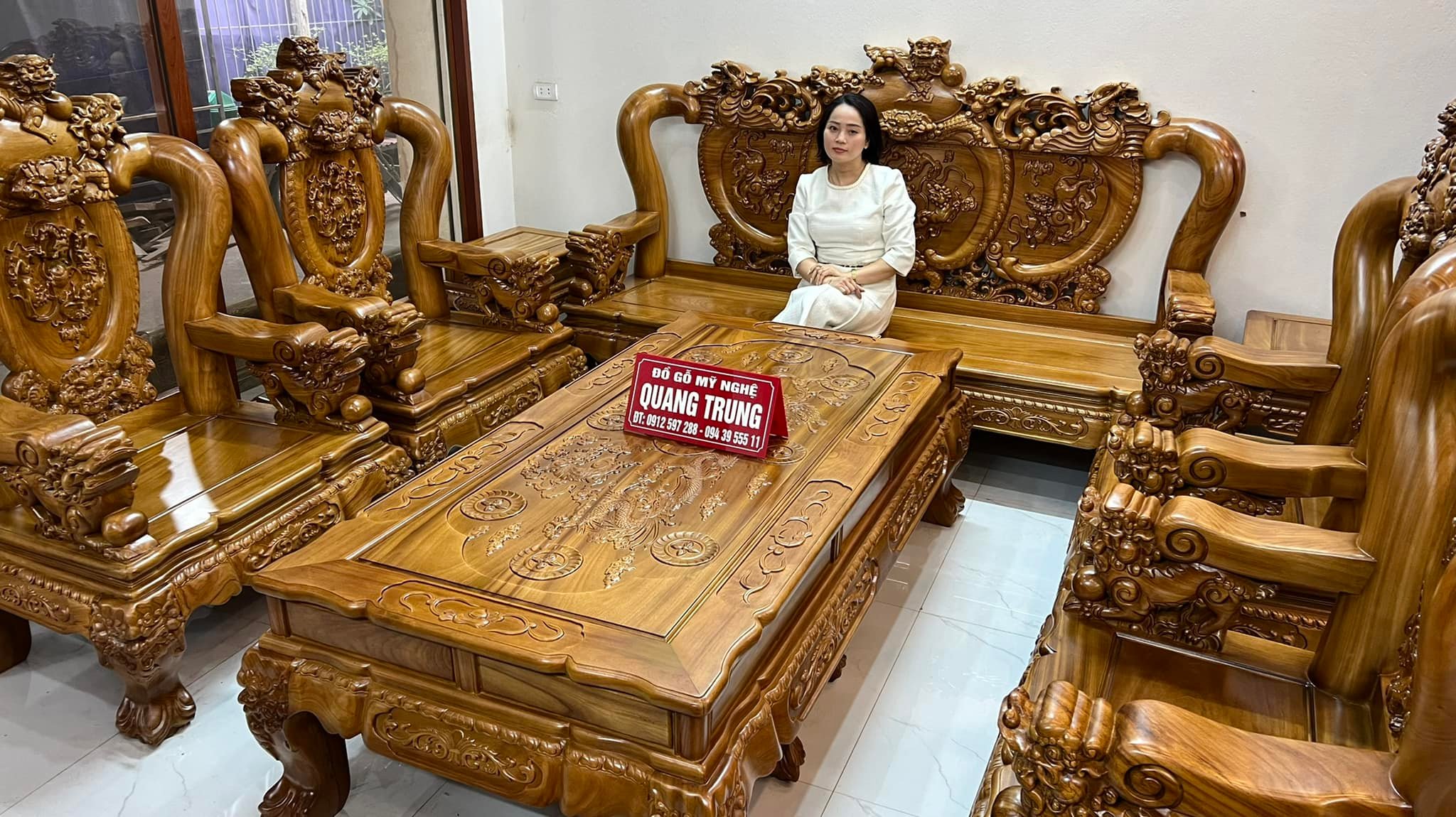 Bộ bàn ghế Ghê Bảo Đỉnh gỗ gõ đỏ cột 14, bộ 10 món