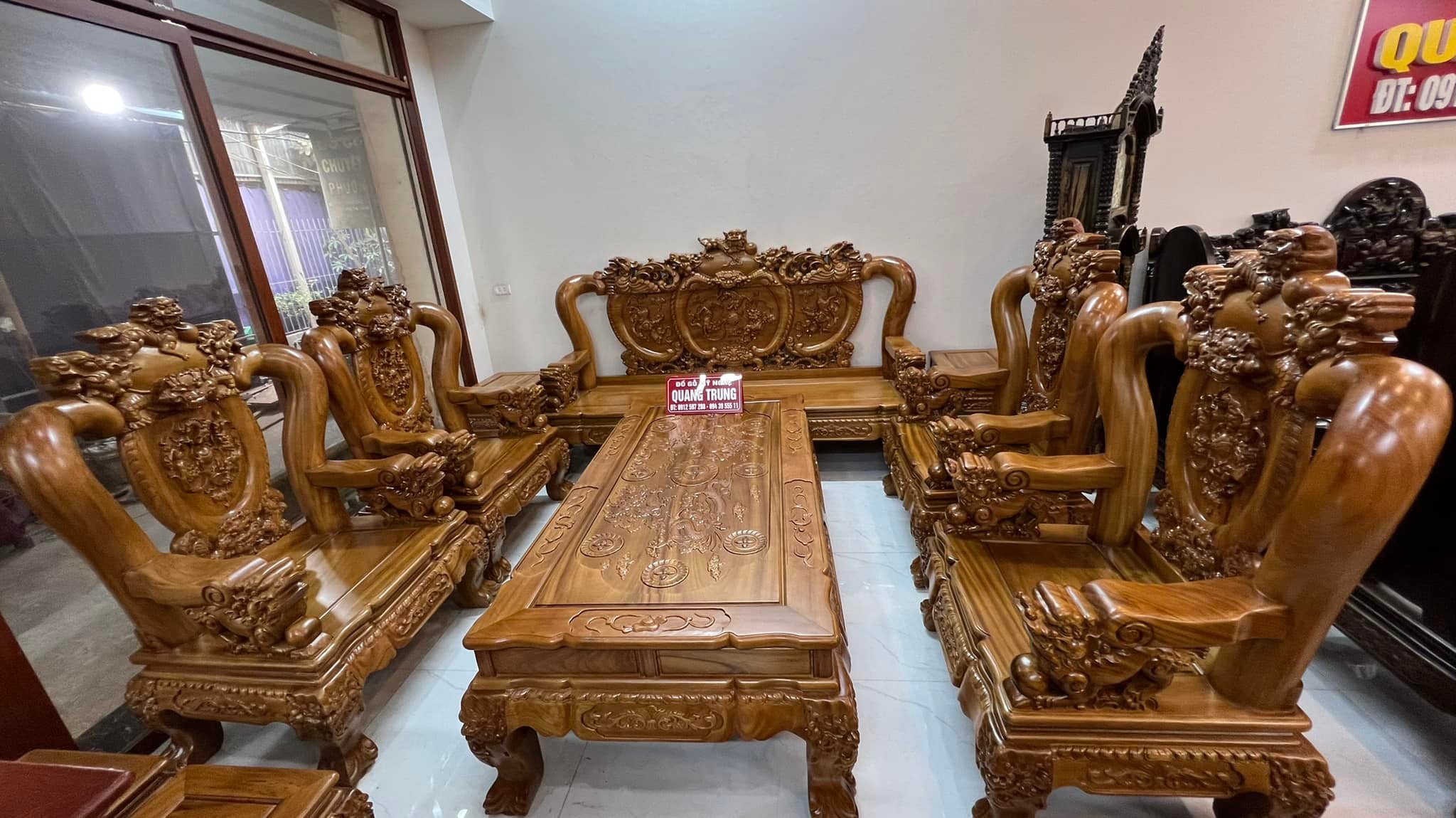 Bộ bàn ghế Ghê Bảo Đỉnh gỗ gõ đỏ cột 14, bộ 10 món