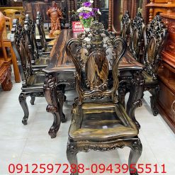 Bộ bàn ăn Louis gỗ mun hoa Lào dài 2m37 bộ 8 ghế hoa lá tây