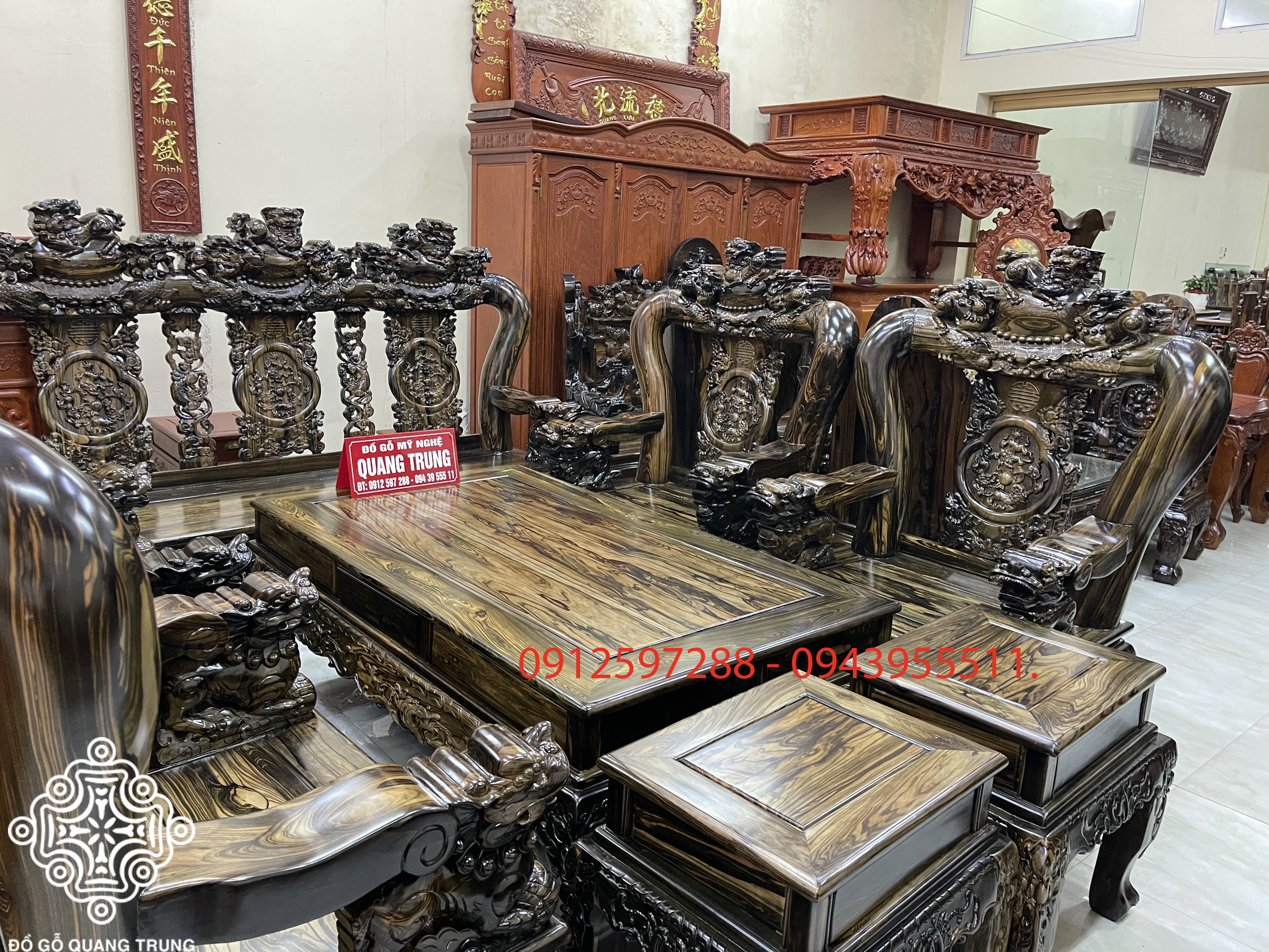 Bộ bàn ghế Quốc Nghê gỗ mun hoa lào cột 16, bộ 10 món