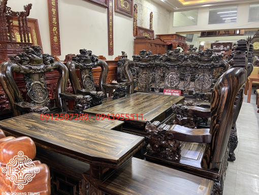 Bộ bàn ghế Quốc Nghê gỗ mun hoa lào cột 16, bộ 10 món