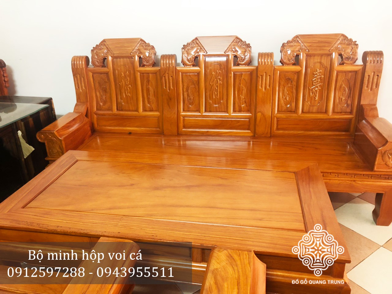 Bộ bàn ghế Minh Hộp Voi Cá gỗ gõ đỏ đoản 2m47
