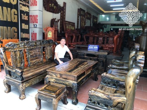 Bộ bàn ghế quốc voi gỗ mun hoa Lào tay 12, bộ 6 món