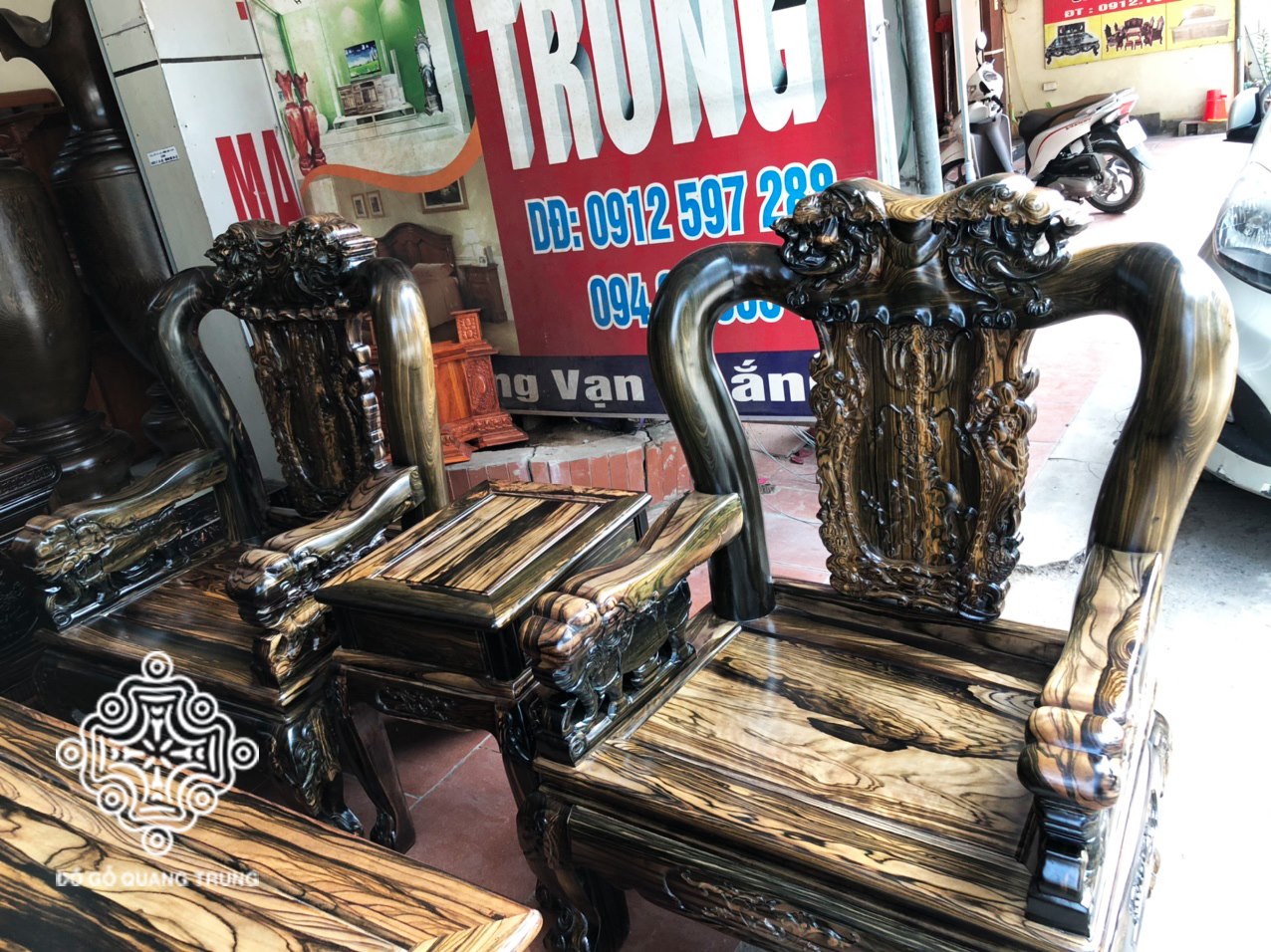 Bộ bàn ghế quốc voi gỗ mun hoa Lào tay 12, bộ 6 món