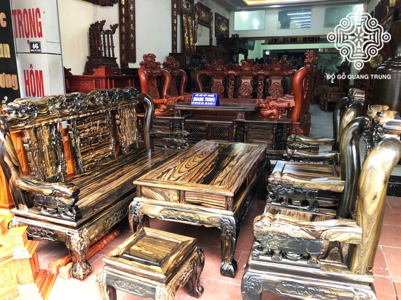 Bộ bàn ghế quốc voi gỗ mun hoa Lào tay 12, bộ 6 món