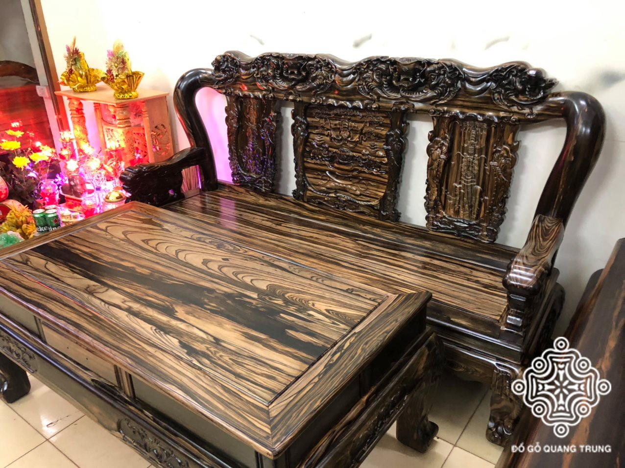 Bộ bàn ghế quốc voi gỗ mun hoa Lào tay 12, bộ 6 món