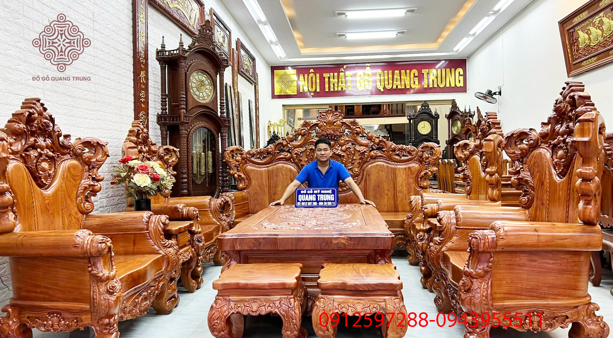 Bộ bàn ghế Louis Hoàng Gia tân cổ điển gỗ hương đá 10 Món