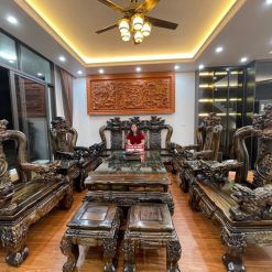 Bộ bàn ghế Quốc Nghê gỗ mun hoa lào cột 15, bộ 10 món