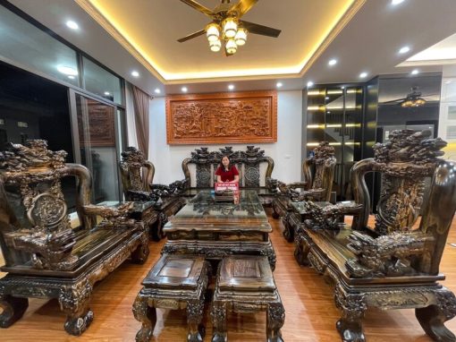 Bộ bàn ghế Quốc Nghê gỗ mun hoa lào cột 15, bộ 10 món