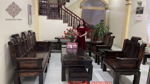 Bộ bàn ghế Như Ý Cuốn Thư gỗ mun hoa Lào đoản 2m37