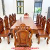 Bộ bàn ăn nguyên khối gỗ gõ đỏ dài 3m2 và 10 ghế Hồng Hạc