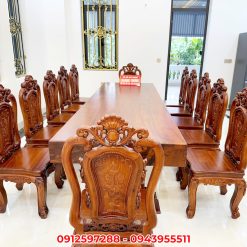 Bộ bàn ăn nguyên khối gỗ gõ đỏ dài 3m2 và 10 ghế Hồng Hạc