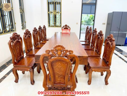 Bộ bàn ăn nguyên khối gỗ gõ đỏ dài 3m2 và 10 ghế Hồng Hạc